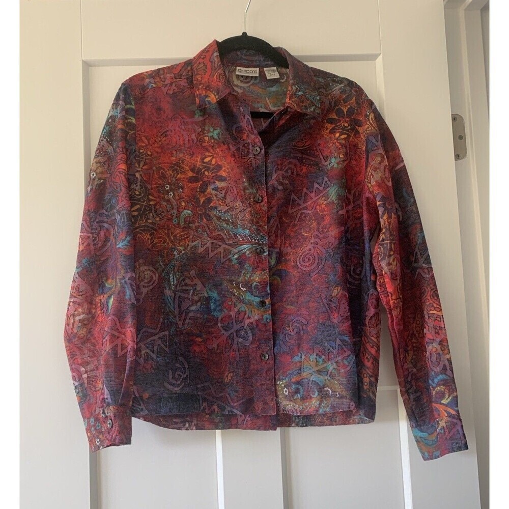 Chicos Women’s Size 0 Linen Blend Burnout Top  Colorful Artsy Sheer Maximal Boho